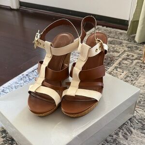 Jessica Simpson Two-Tone Brown and Cream Strappy Wedge Sandals